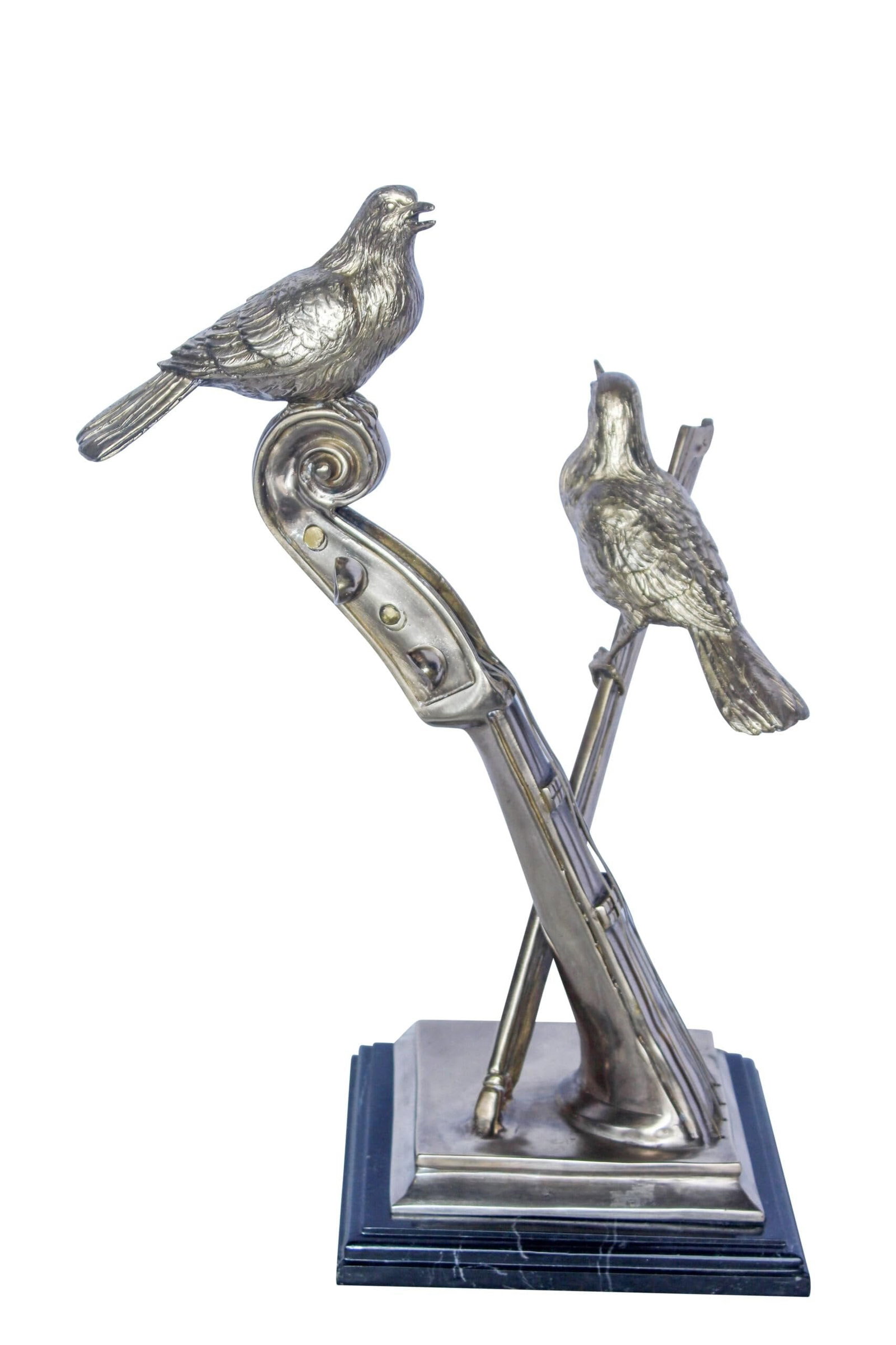 Creative Art, Violin and Two Birds, Bronze Statue in Silver Finish 12 x 8 x 19"H: Title:Creative Art, Violin and Two Birds, Bronze Statue in Silver Finish 12 x 8 x 19"H Description:Creative art: violin and two birds bronze statue in silver finish, handcrafted and casted using tradi