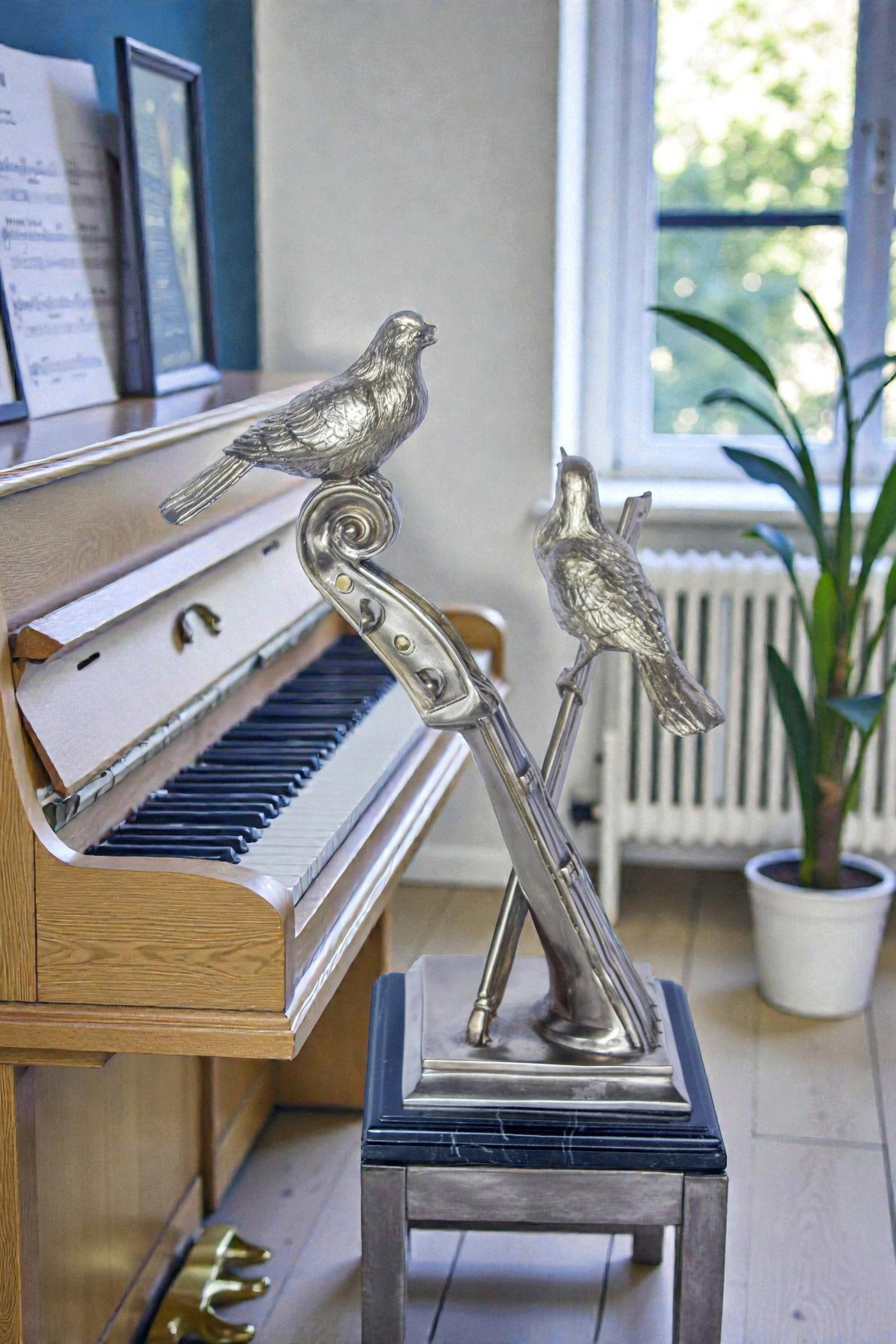 Creative Art, Violin and Two Birds, Bronze Statue in Silver Finish 12 x 8 x 19"H - 2