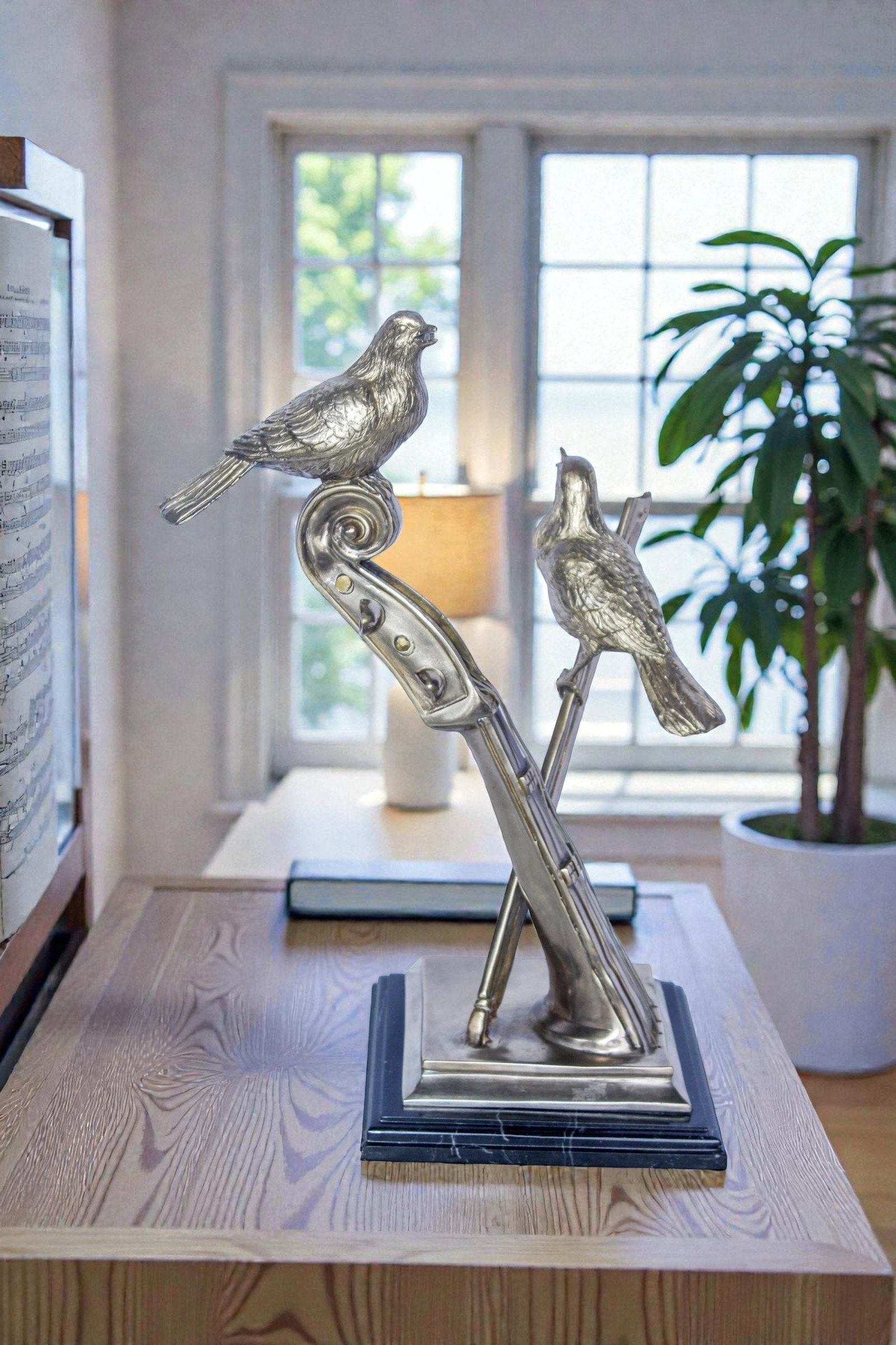 Creative Art, Violin and Two Birds, Bronze Statue in Silver Finish 12 x 8 x 19"H - 3