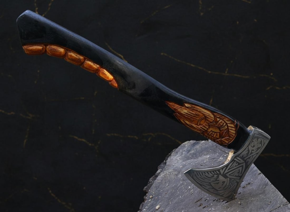 Handmade Viking Style Tomahawk Axe with Etched Carbon Steel Blade & Ash Handle - 11