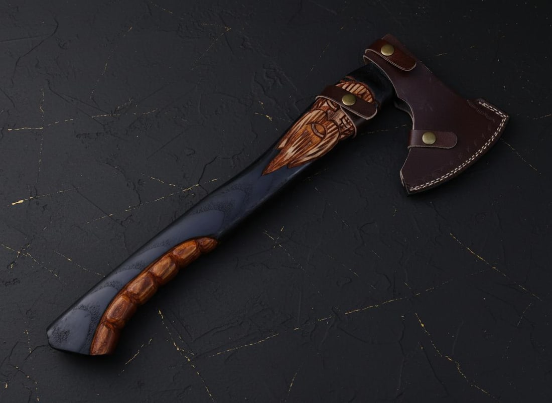 Handmade Viking Style Tomahawk Axe with Etched Carbon Steel Blade & Ash Handle - 12