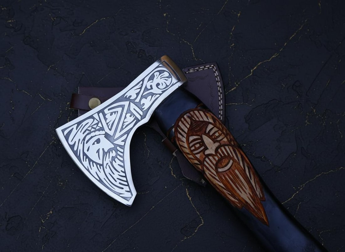 Handmade Viking Style Tomahawk Axe with Etched Carbon Steel Blade & Ash Handle - 9