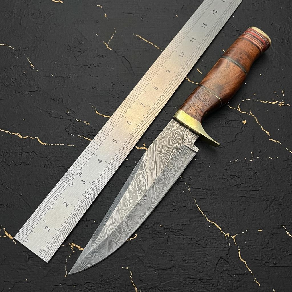 12" Handmade Damascus Steel Bowie Knife | Rosewood Handle | Hunting & Camping: Title:12" Handmade Damascus Steel Bowie Knife | Rosewood Handle | Hunting & Camping Description:This listing is for a hand-forged Damascus steel Bowie knife, designed for hunting, camping, and