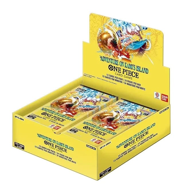 Sealed English Trading Card Game Booster Box Kami's Island Adventure Set: Title:Sealed English Trading Card Game Booster Box Kami's Island Adventure Set Description:This is an authentic One Piece Card Game OP15/EB04 Adventure on KAMI’S Island booster box. It is produced