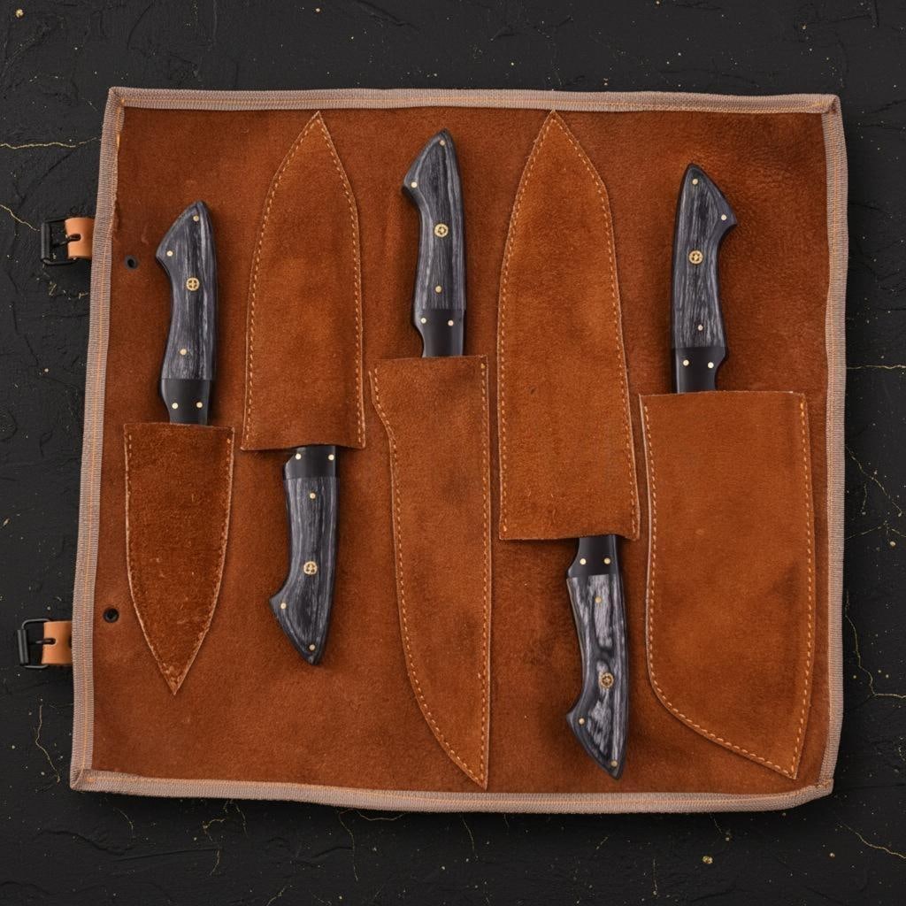 Handmade 5-Piece Damascus Steel Chef Knife Set Kitchen Knives with Leather Sheath - 4