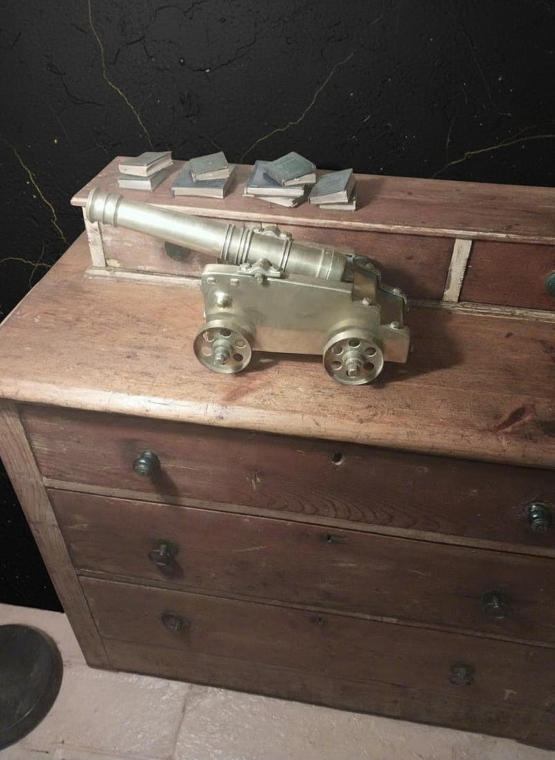 Solid Brass 15" Cannon Figurine on 4 Wheel Carriage Vintage Military Style Decor - 4