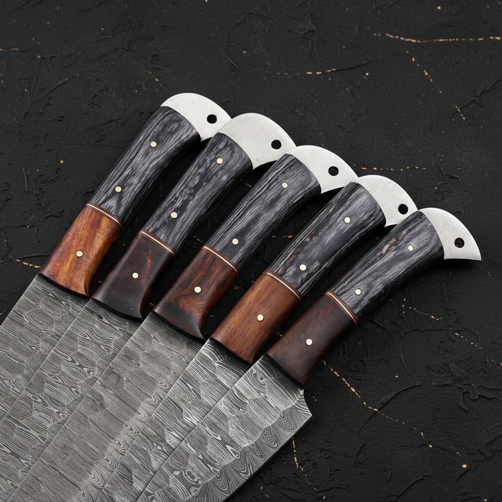 Custom Hand Forged Damascus Kitchen Knife Set, 5-Piece with Rosewood Handles - 7