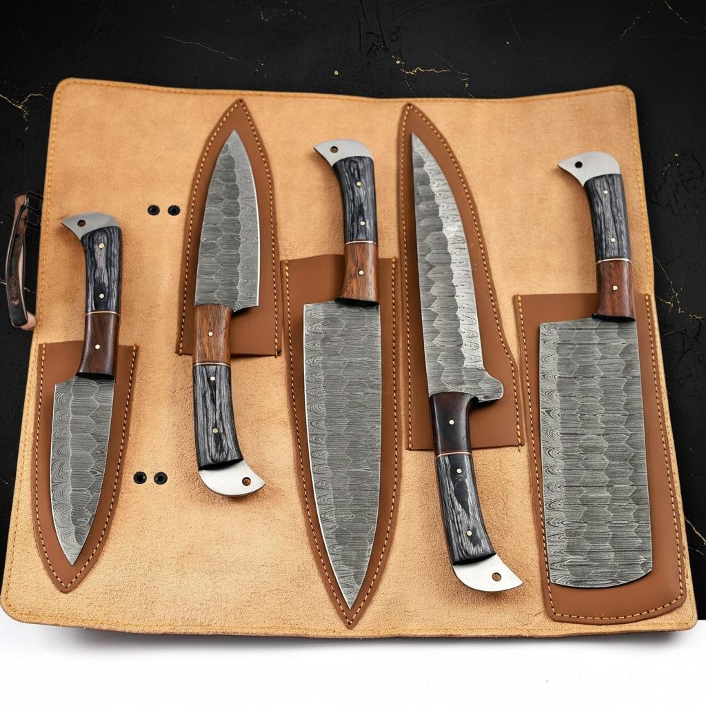 Custom Hand Forged Damascus Kitchen Knife Set, 5-Piece with Rosewood Handles - 8