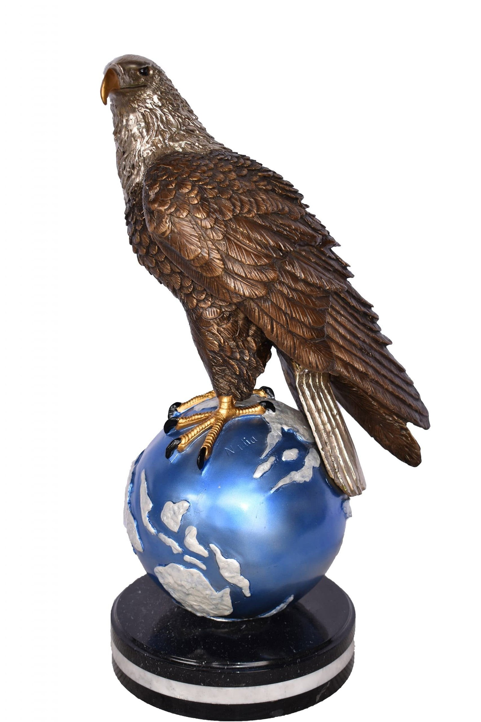 Bald Eagle Standing on a Blue Globe Bronze Statue Size: 17" x 9" x 23"H: Title:Bald Eagle Standing on a Blue Globe Bronze Statue Size: 17" x 9" x 23"H Description:This charming medium size bronze statue depicts the American bald eagle standing on a Blue Globe mounted on ma