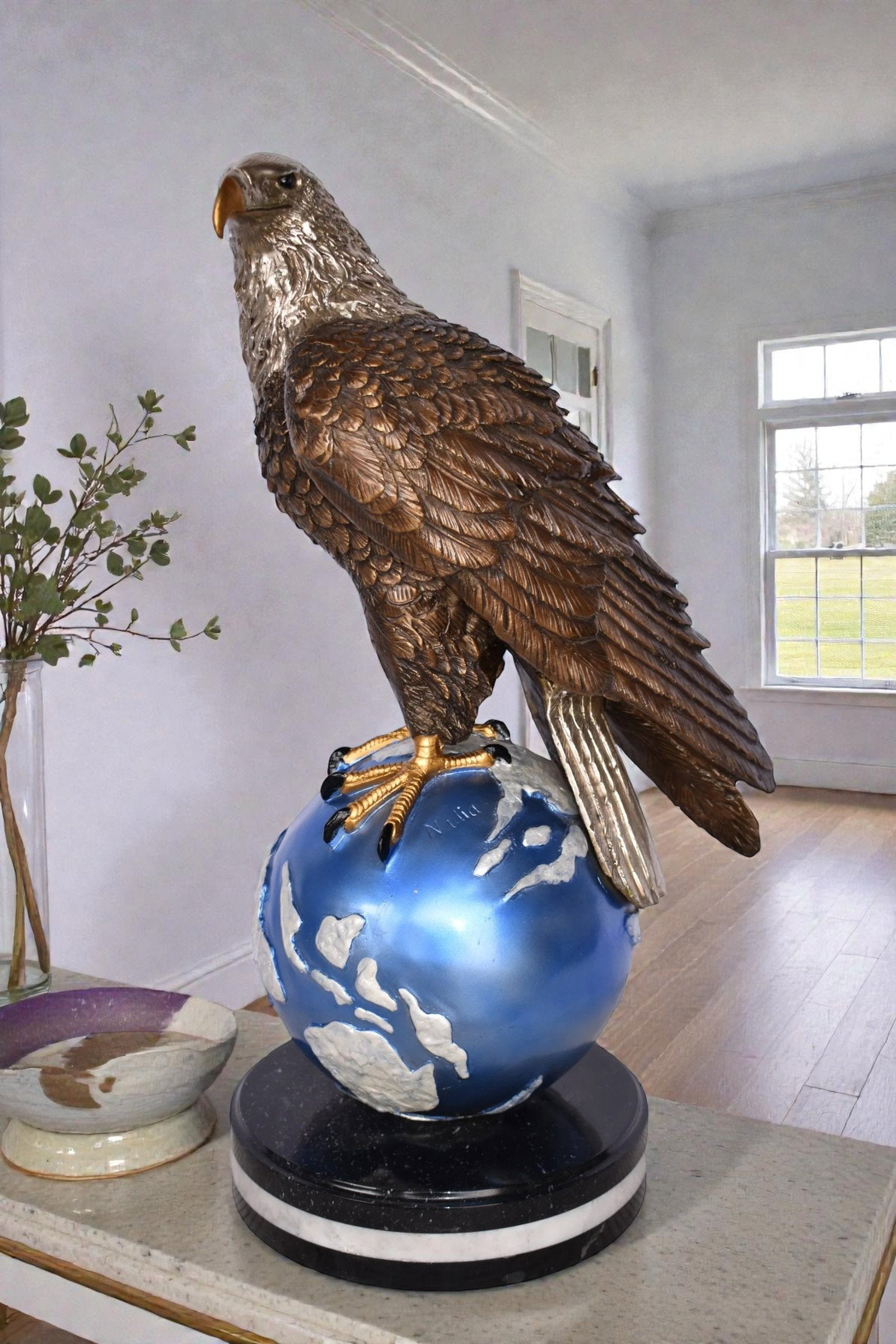 Bald Eagle Standing on a Blue Globe Bronze Statue Size: 17" x 9" x 23"H - 2