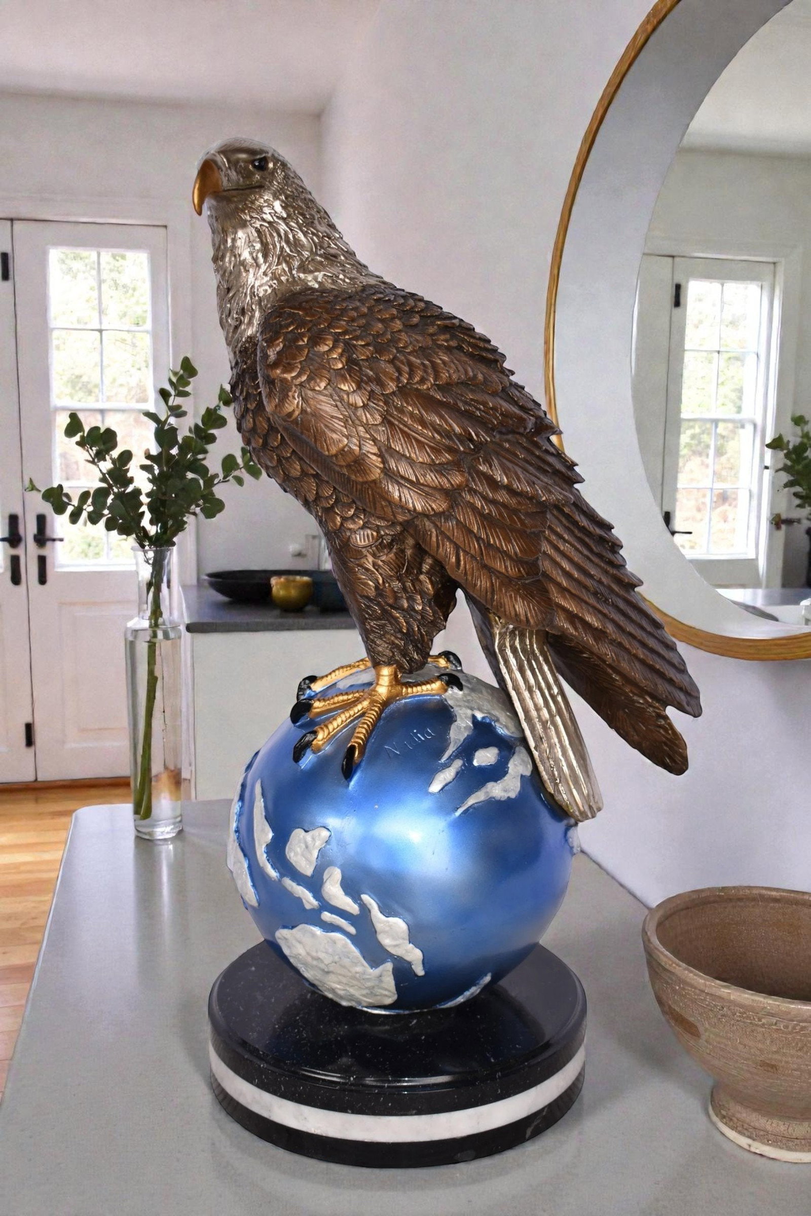 Bald Eagle Standing on a Blue Globe Bronze Statue Size: 17" x 9" x 23"H - 3
