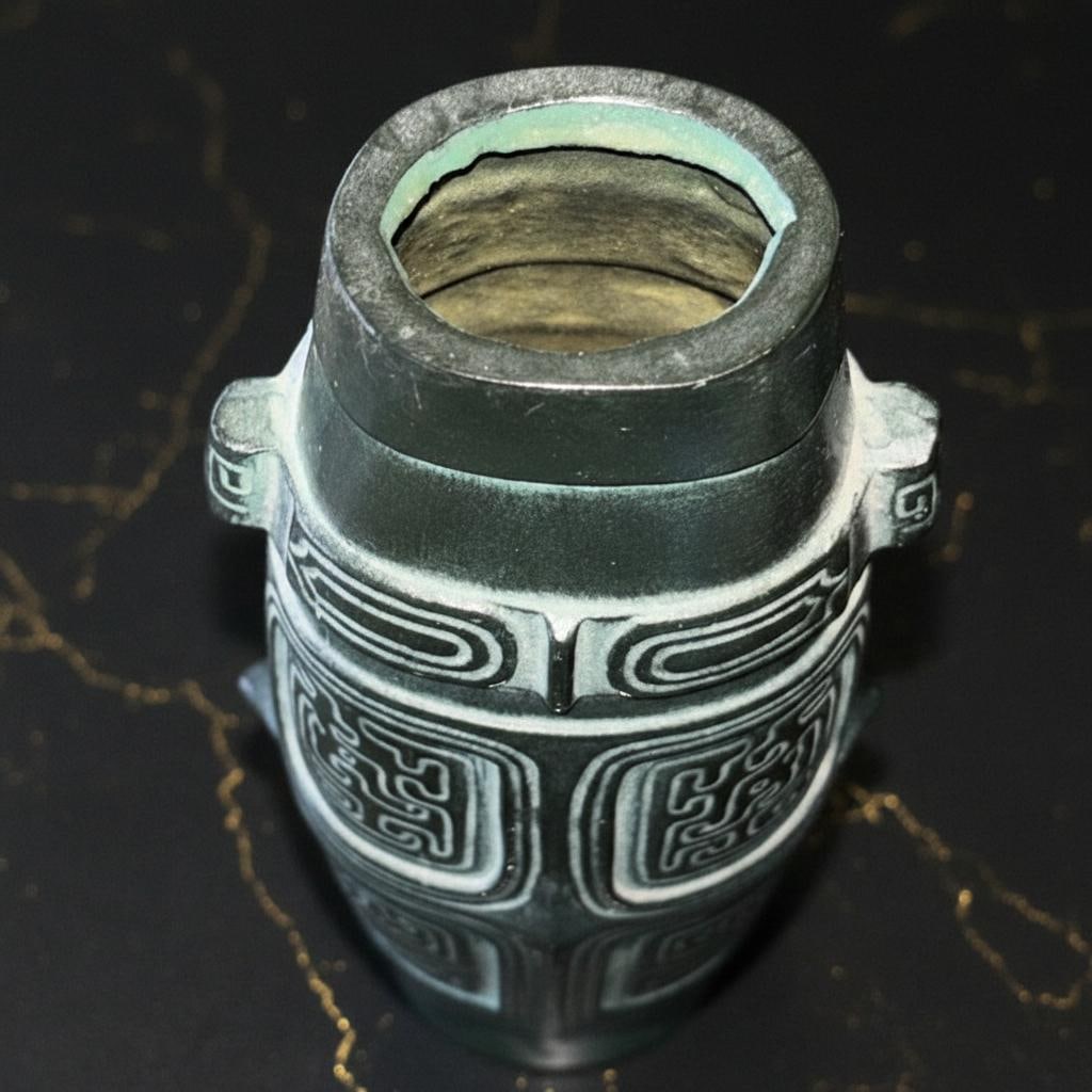 Decorative Cast Metal Vase with Green Patina, Archaic Chinese Style Motif Vessel - 3