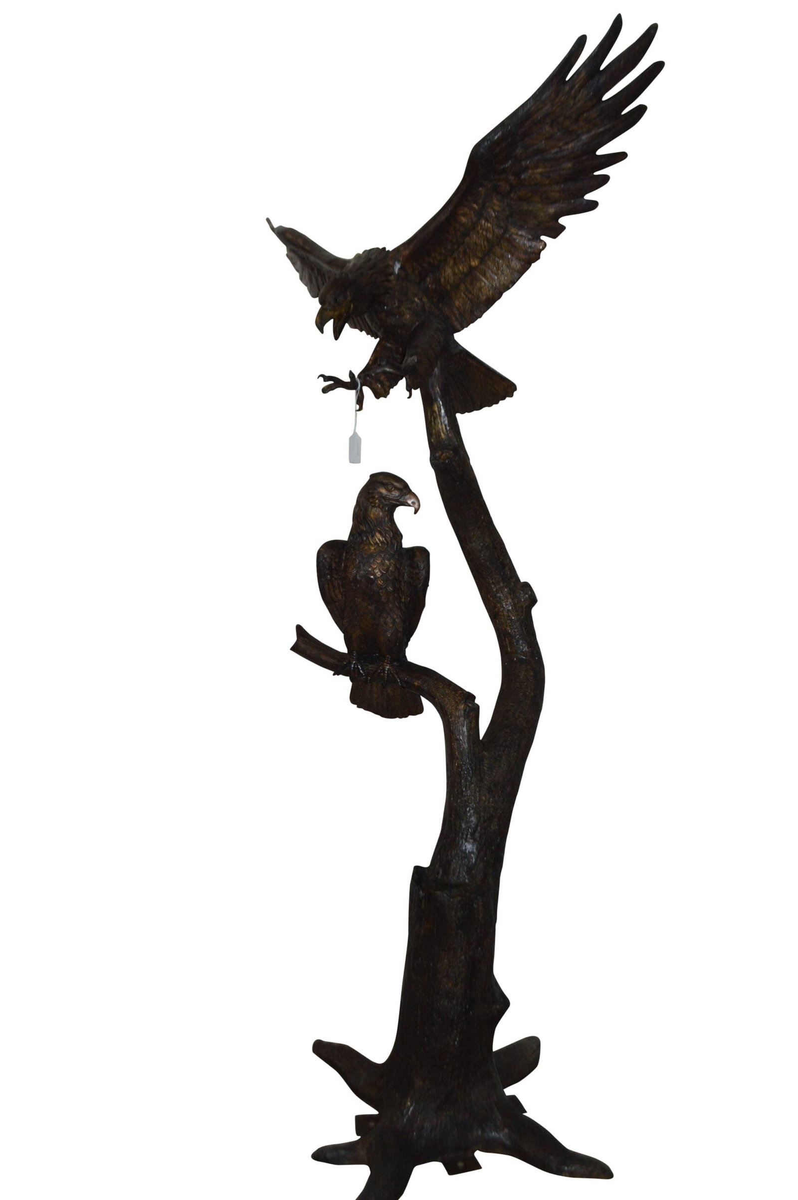 Two Eagles on a Tree - Size: 47"L x 30"W x 94"H.: Title:Two Eagles on a Tree - Size: 47"L x 30"W x 94"H. Description:A giant pair of eagles made of bronzed metal perched on a tree. This extraordinary sculpture features a realistic tree trunk that sup