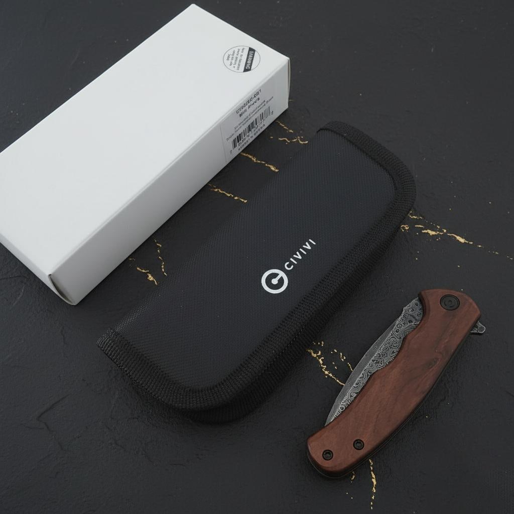 Damascus Steel Blade Civivi Mini Praxis Folder with Brown Wood Handle Liner Lock - 7