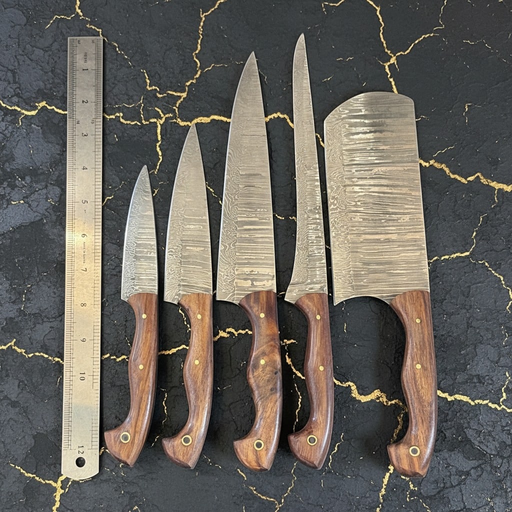 5 Pc Damascus Steel Kitchen Knife Set, Premium Pakkawood Handles, Chef Tools - 5