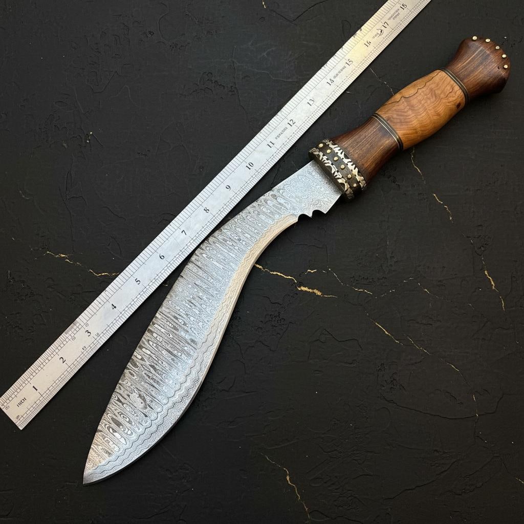 18" Handmade Damascus Steel Kukri Bowie Hunting Knife with Leather Sheath: Title:18" Handmade Damascus Steel Kukri Bowie Hunting Knife with Leather Sheath Description:This listing features a hand-forged Damascus steel knife with a unique Kukri Bowie blade design, ideal for
