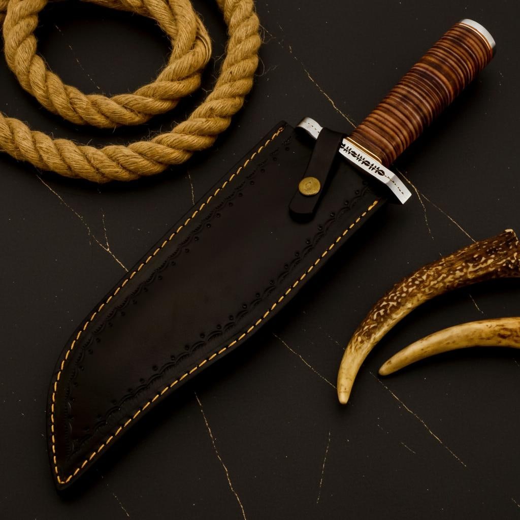 Handmade D2 Steel Bowie Knife 15.5" - Custom Hunting & Survival w/ Leather Sheath - 7