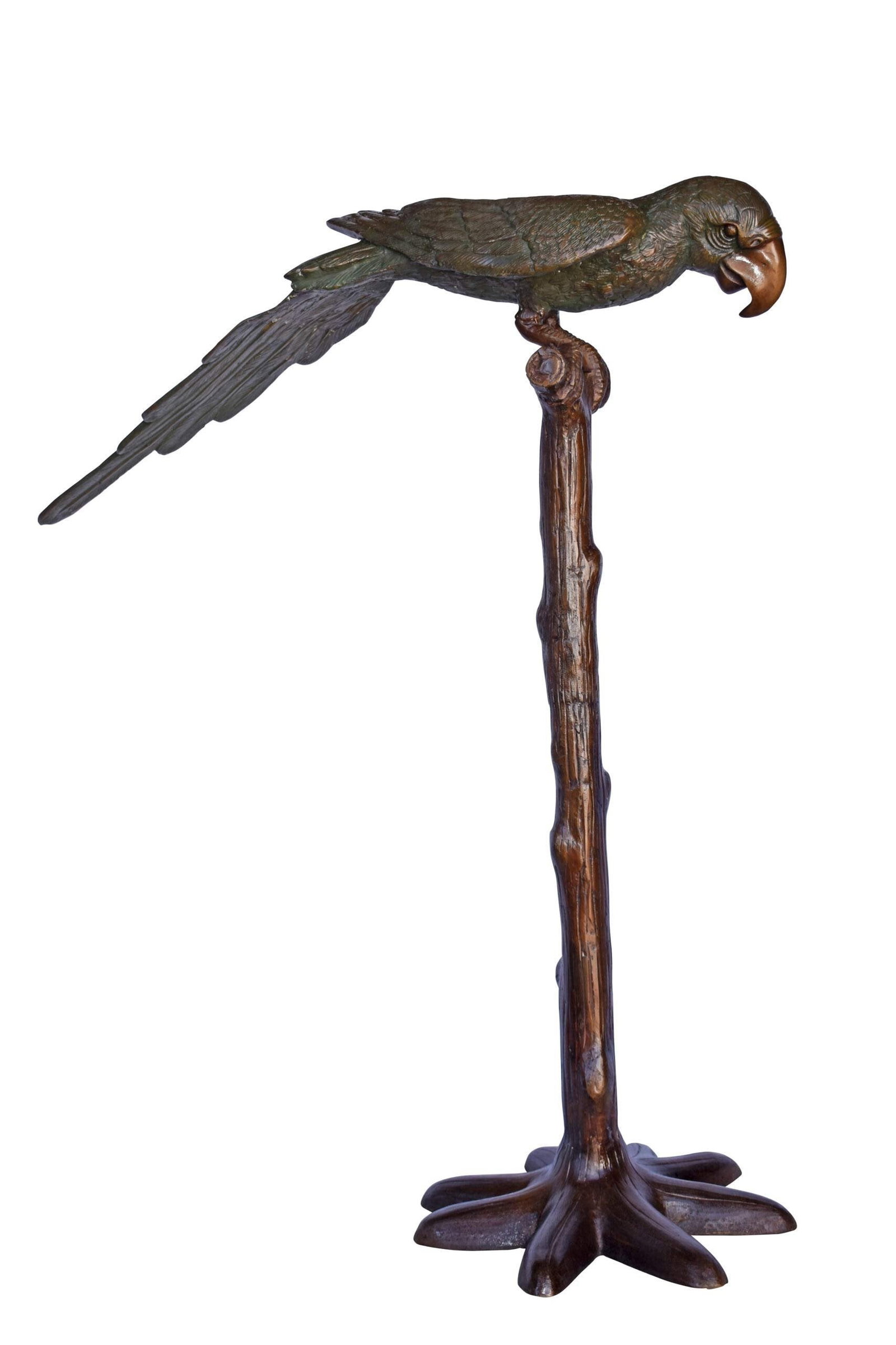 Parrot on a Tree Watching Forward Bronze Statue - Size: 36"L x 15"W x 41"H.: Title:Parrot on a Tree Watching Forward Bronze Statue - Size: 36"L x 15"W x 41"H. Description:A life-size parrot made of bronzed metal perched on a tree trunk with bronze patina finish. This extraordi