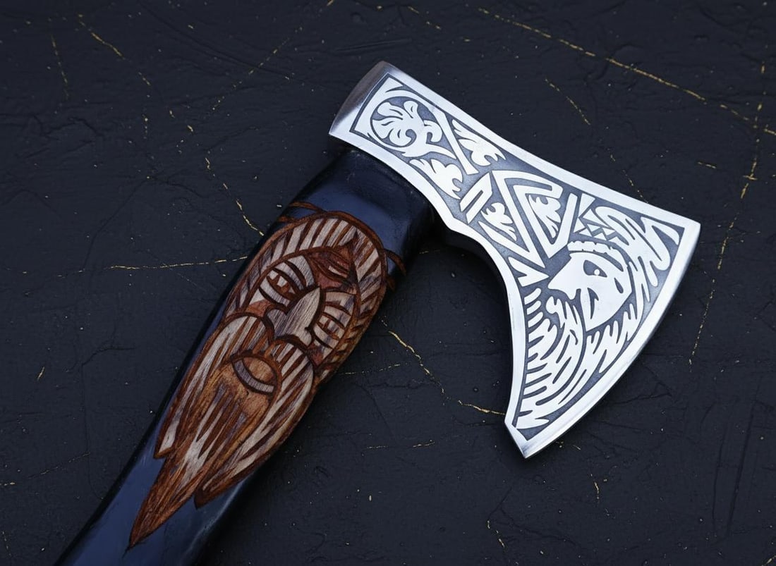 Hand Forged Carbon Steel Viking Axe with Engraved Ash Wood Handle & Sheath - 11