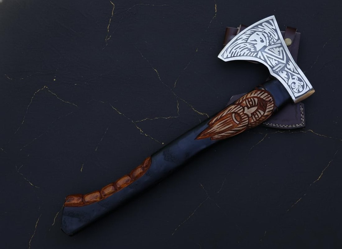 Hand Forged Carbon Steel Viking Axe with Engraved Ash Wood Handle & Sheath - 3
