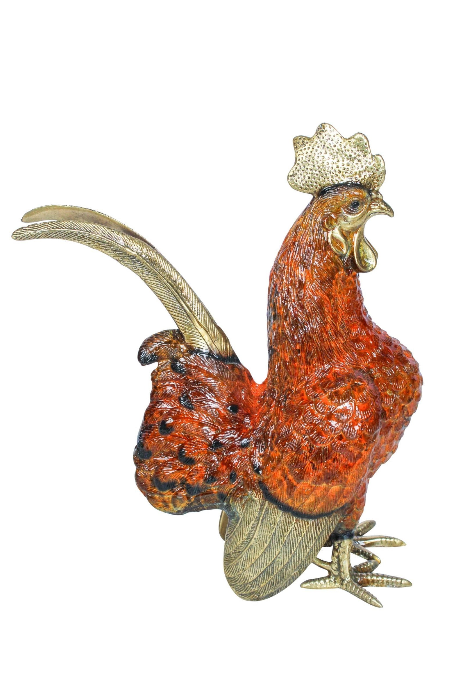 Decorative Bronze Rooster Statue with Red Enamel Finish 9" x 5" x 12"H: Title:Decorative Bronze Rooster Statue with Red Enamel Finish 9" x 5" x 12"H Description:This eye-catching rooster statue is crafted from solid bronze and finished with vibrant red enamel and polished