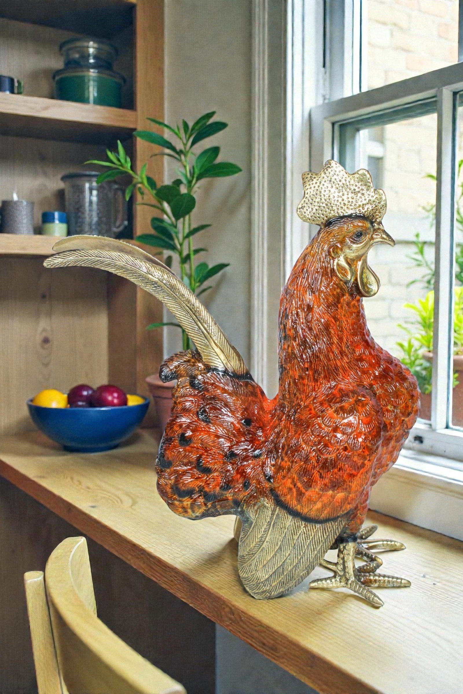 Decorative Bronze Rooster Statue with Red Enamel Finish 9" x 5" x 12"H - 2