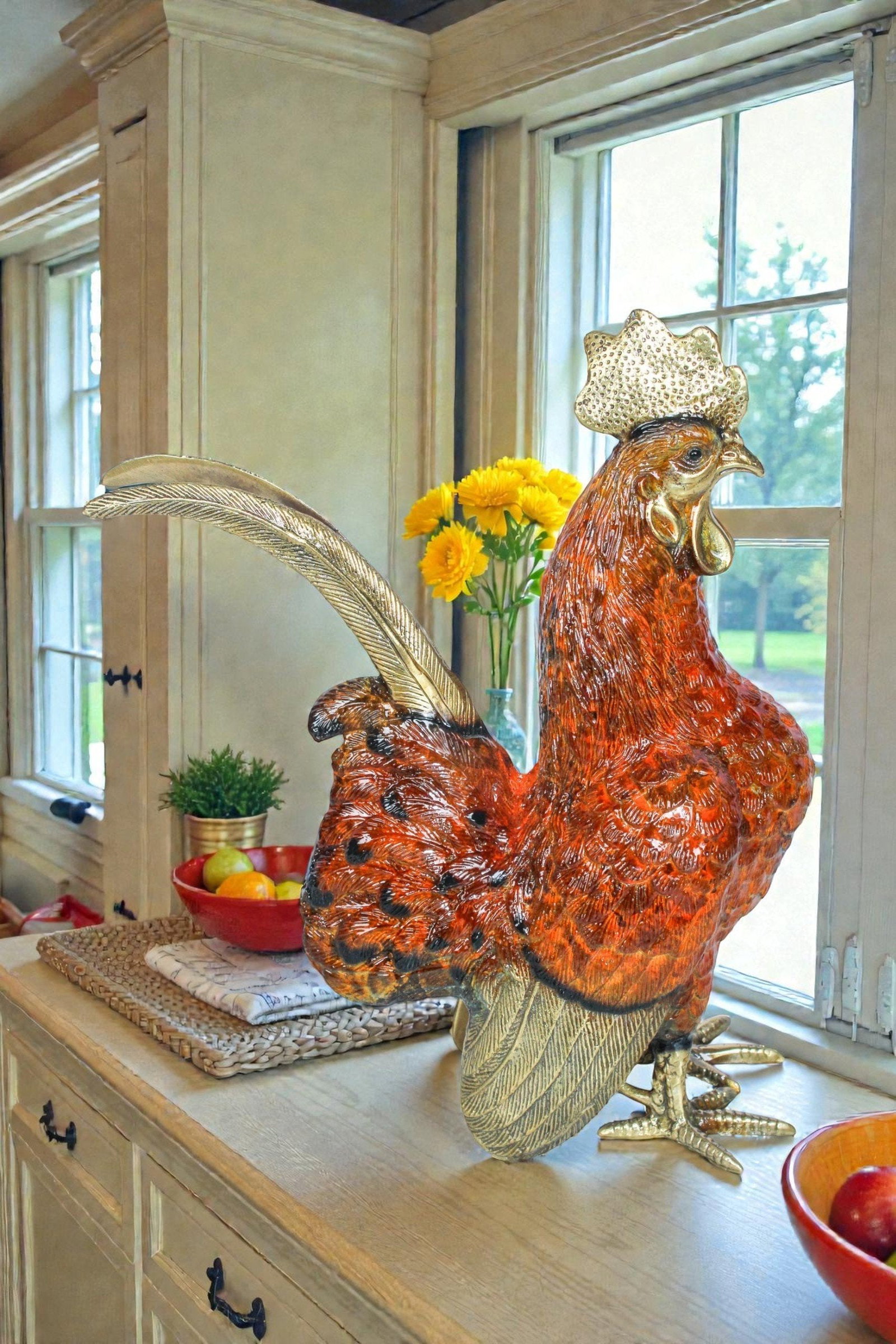 Decorative Bronze Rooster Statue with Red Enamel Finish 9" x 5" x 12"H - 4