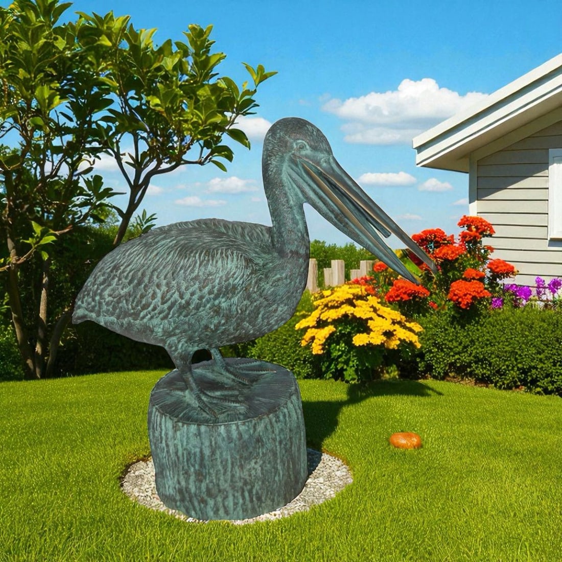 Pelican on a Tree Stump fountain bronze statue - Size: 30"L x 16"W x 30"H.: Title:Pelican on a Tree Stump fountain bronze statue - Size: 30"L x 16"W x 30"H. Description:The large size fountain of a Pelican depicts the Louisiana State Bird perched on a tree stump. This very