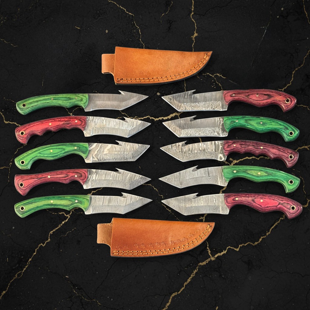 10-Piece Damascus Steel Hunting Knife Set 8" Pakkawood Handle Blades Bulk: Title:10-Piece Damascus Steel Hunting Knife Set 8" Pakkawood Handle Blades Bulk Description:This lot includes 10 Damascus steel skinner knives, each featuring a hand-forged blade with a unique