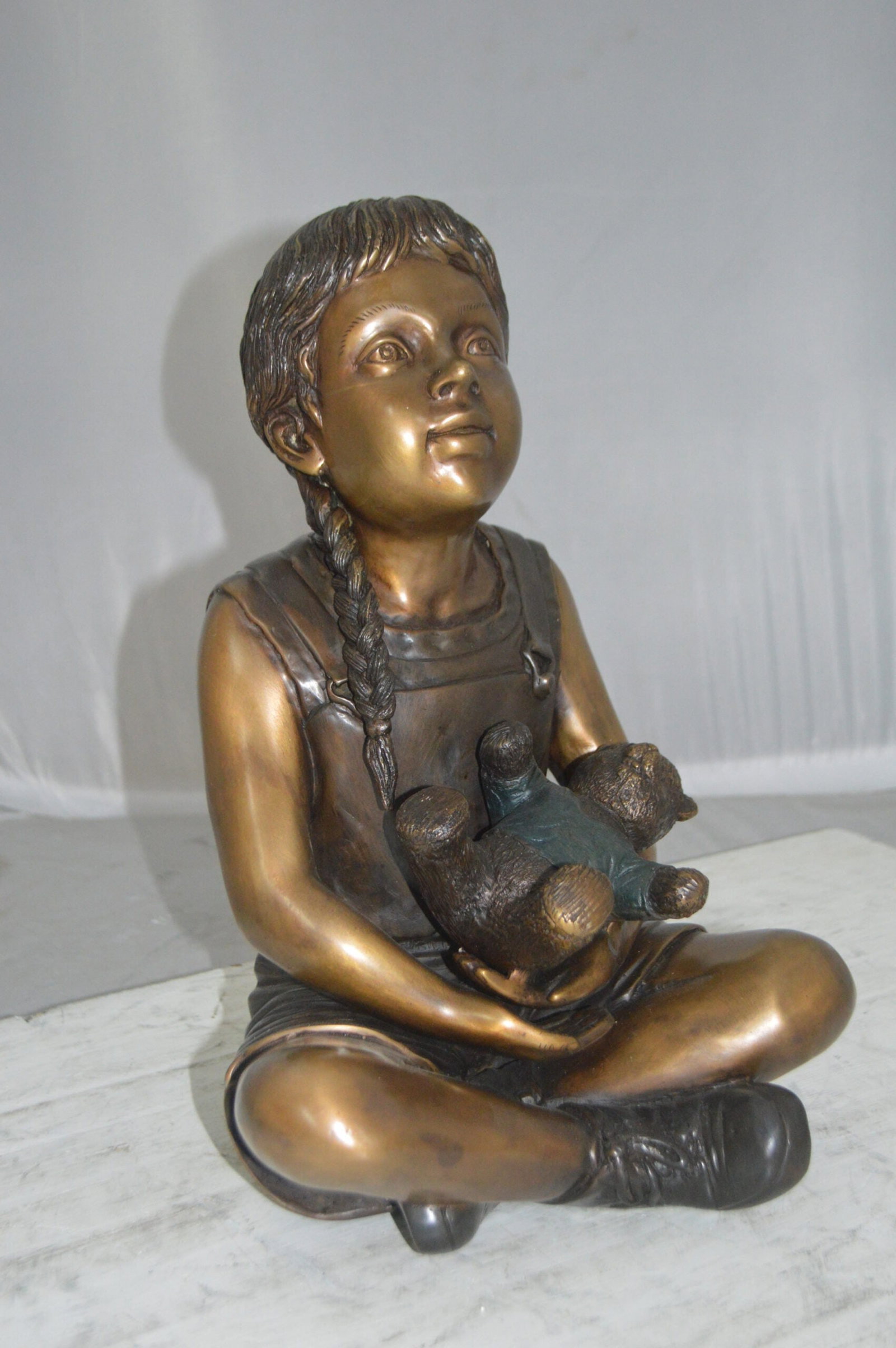 Sitting Girl with Bear Bronze Statue - Size: 13"L x 12"W x 15"Hss. - 12
