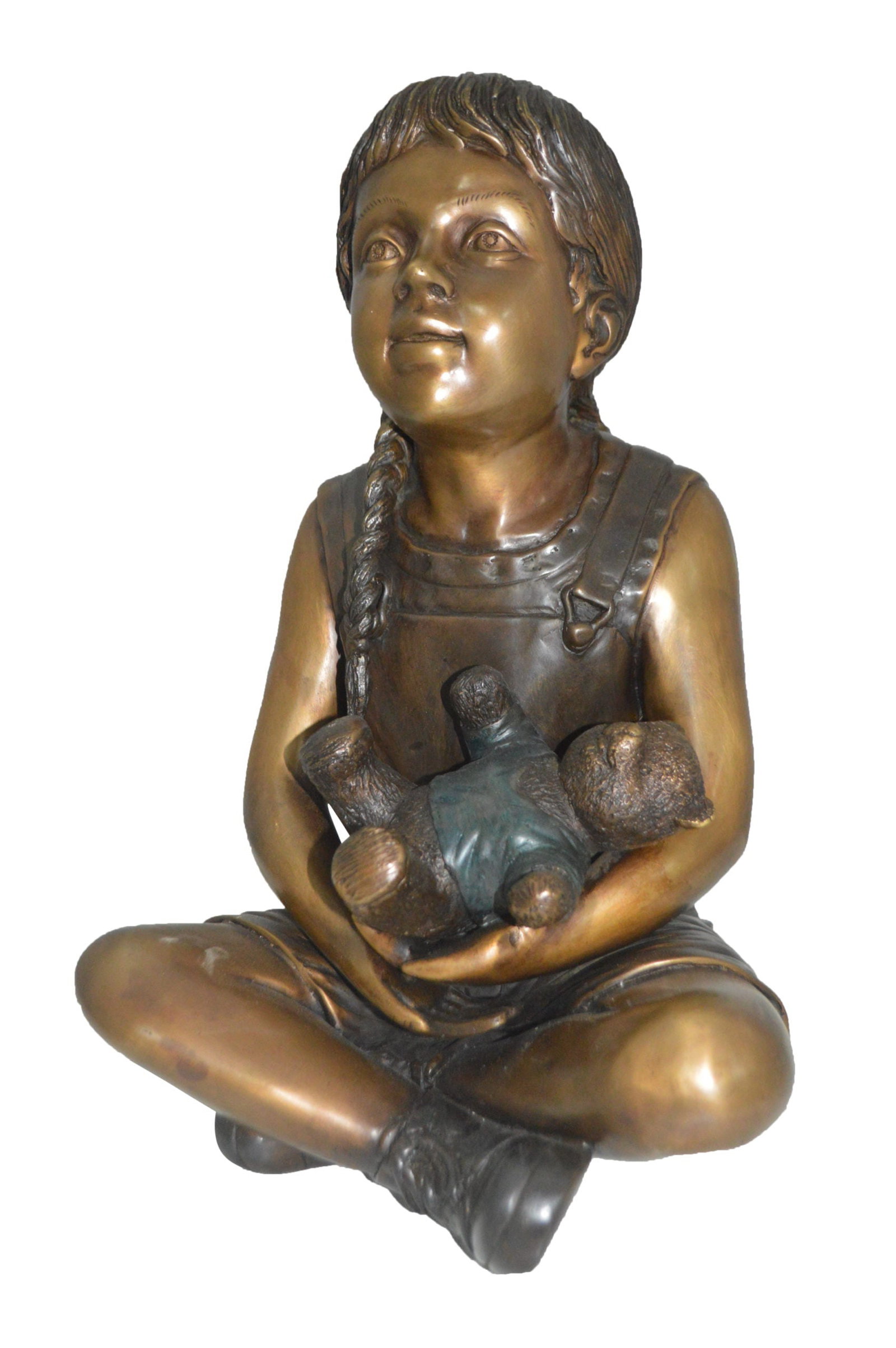 Sitting Girl with Bear Bronze Statue - Size: 13"L x 12"W x 15"Hss.: Title:Sitting Girl with Bear Bronze Statue - Size: 13"L x 12"W x 15"Hss. Description:This charming life size statue depicts a little girl playing outside with her stuffed animal/bear. This statue