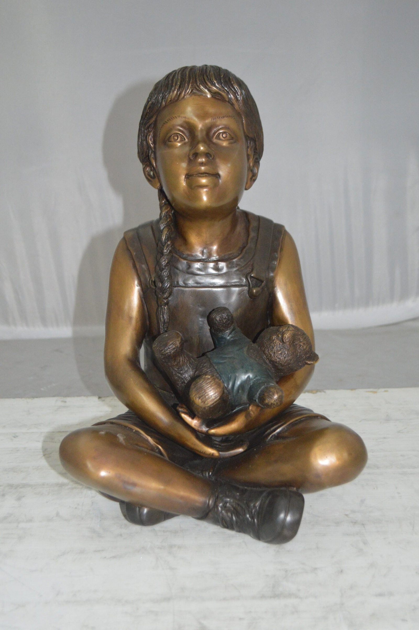 Sitting Girl with Bear Bronze Statue - Size: 13"L x 12"W x 15"Hss. - 5