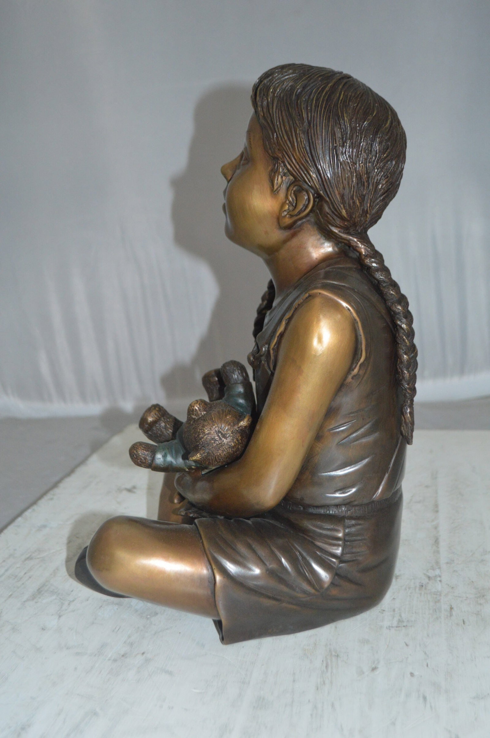 Sitting Girl with Bear Bronze Statue - Size: 13"L x 12"W x 15"Hss. - 8