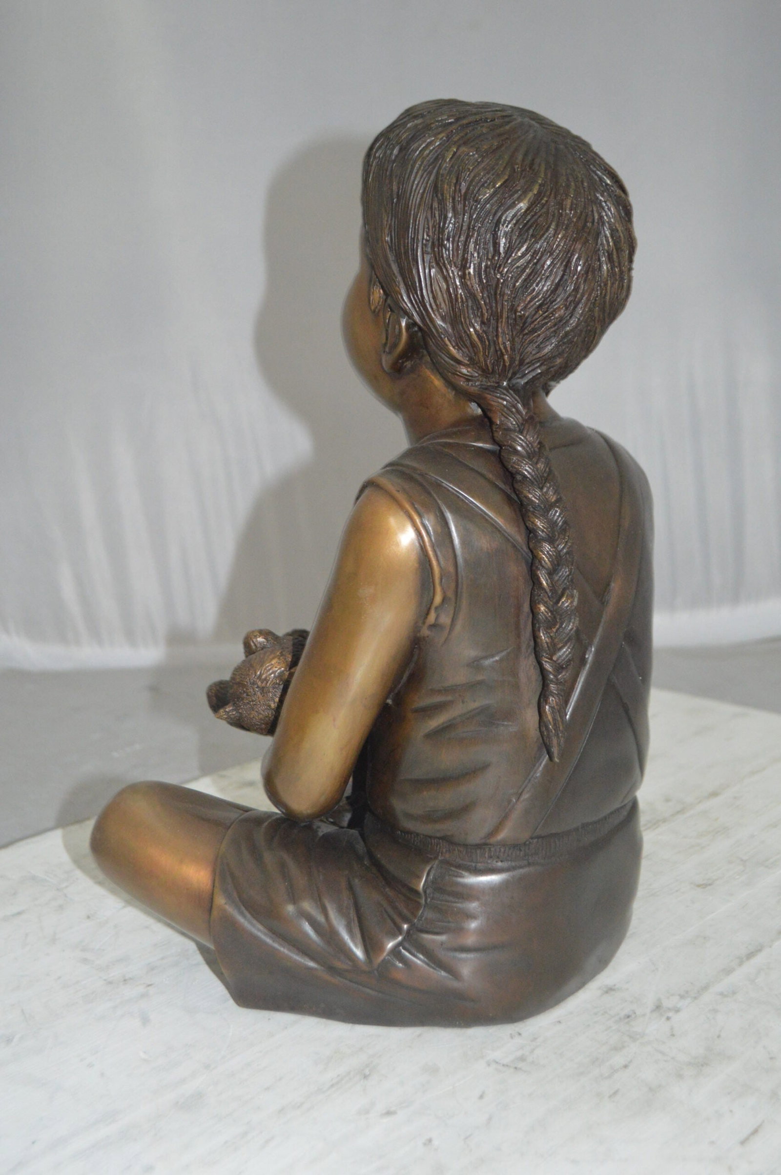 Sitting Girl with Bear Bronze Statue - Size: 13"L x 12"W x 15"Hss. - 9