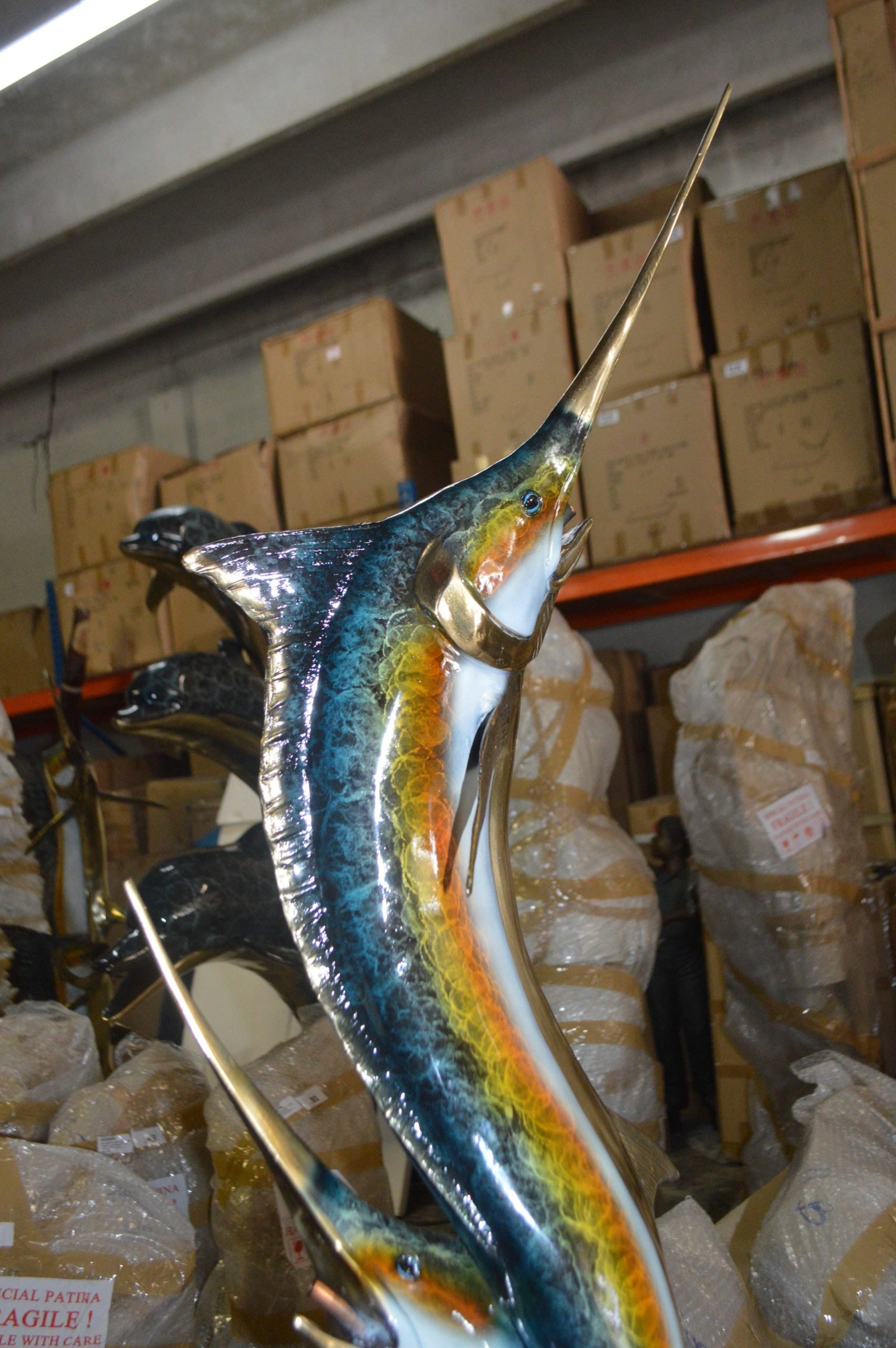 Three Marlin Fish /bronze Fountain on Triple Marble - 15"x 18"x 77"H. - 12