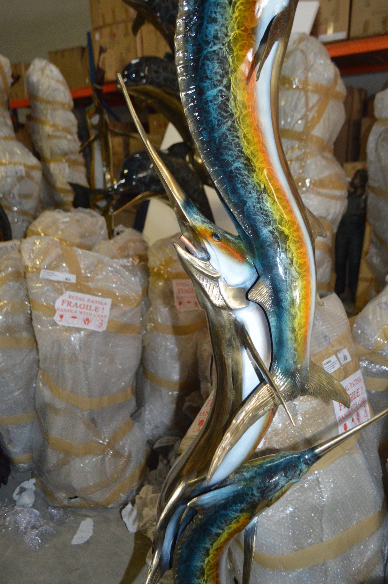 Three Marlin Fish /bronze Fountain on Triple Marble - 15"x 18"x 77"H. - 13