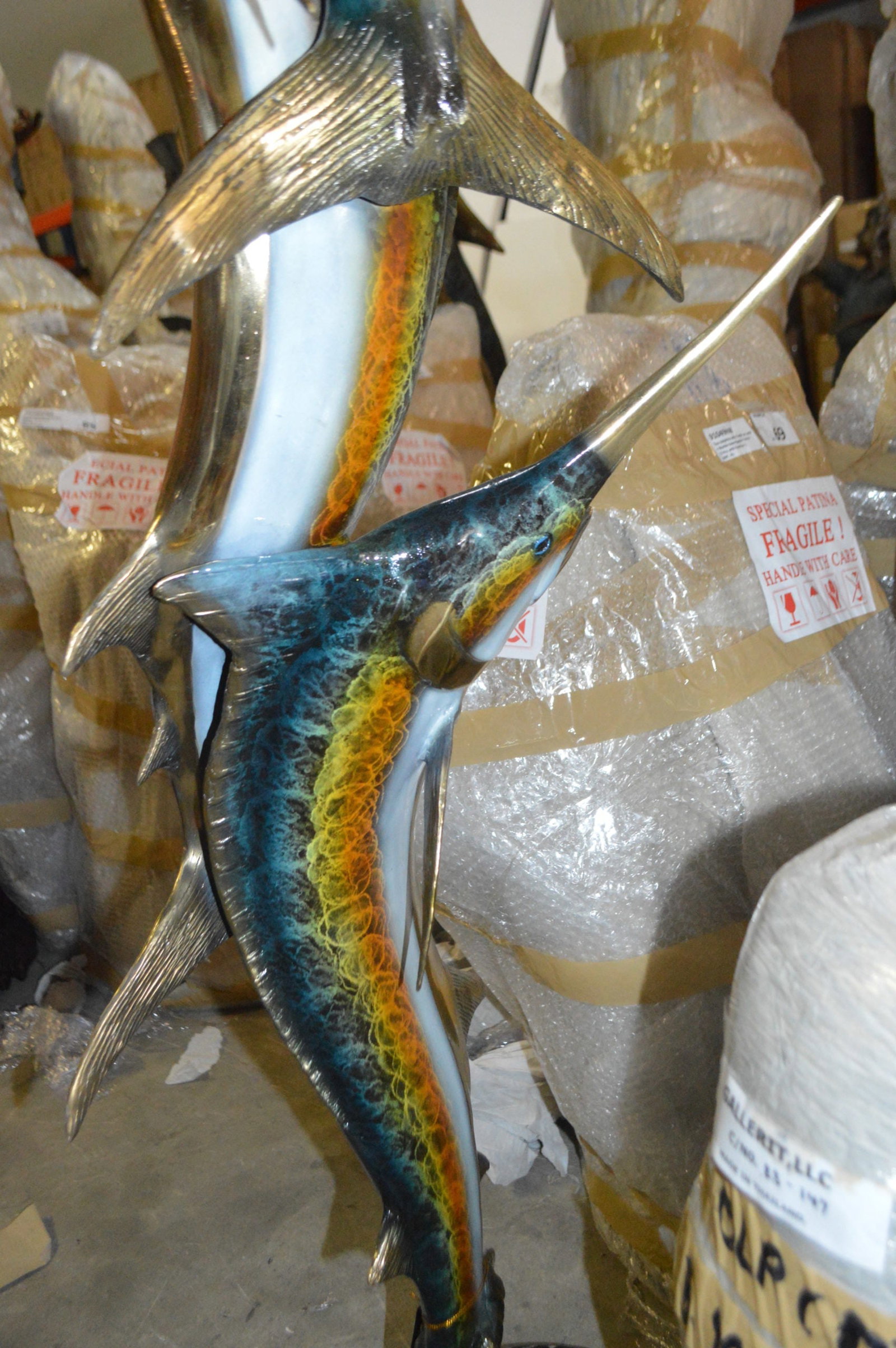 Three Marlin Fish /bronze Fountain on Triple Marble - 15"x 18"x 77"H. - 14