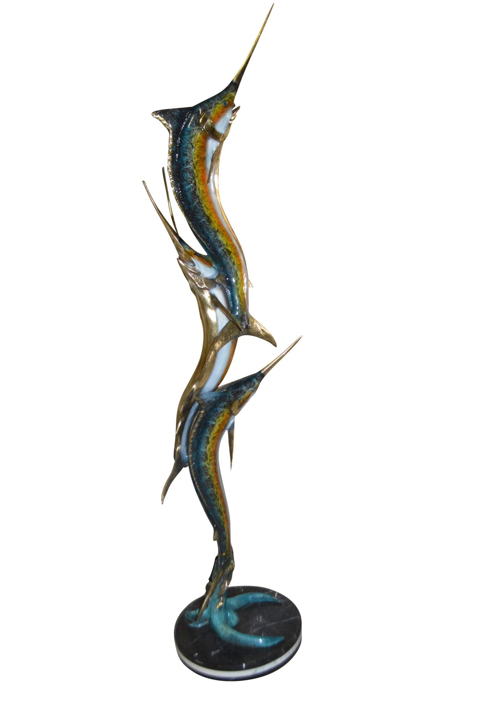 Three Marlin Fish /bronze Fountain on Triple Marble - 15"x 18"x 77"H.: Title:Three Marlin Fish /bronze Fountain on Triple Marble - 15"x 18"x 77"H. Description:A beautiful marine sculpture standing tall, featuring in a natural form three big game Marlin fish jumping out
