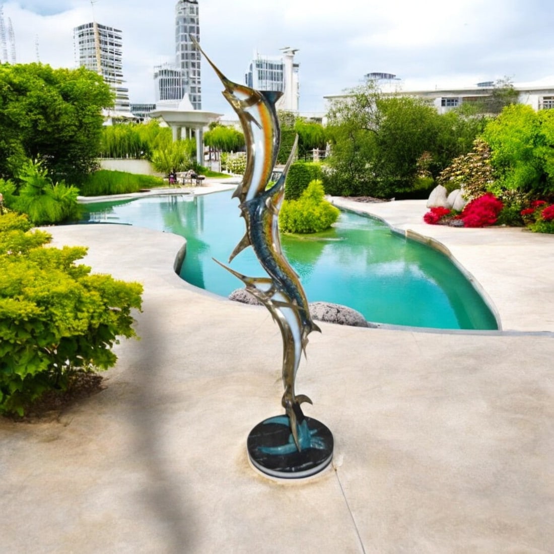 Three Marlin Fish /bronze Fountain on Triple Marble - 15"x 18"x 77"H. - 2