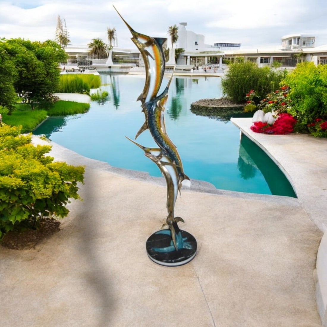 Three Marlin Fish /bronze Fountain on Triple Marble - 15"x 18"x 77"H. - 3