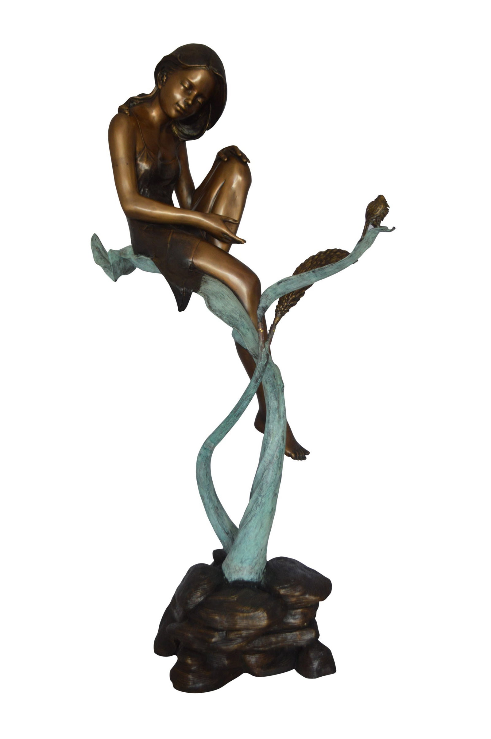 Beautiful Young Girl Sitting on a Tree Bronze Statue - 35"L x 50"W x 55"H.: Title:Beautiful Young Girl Sitting on a Tree Bronze Statue - 35"L x 50"W x 55"H. Description:This charming large size bronze statue depicts Beautiful Young Girl Sitting on a Tree and Enjoying Nature.
