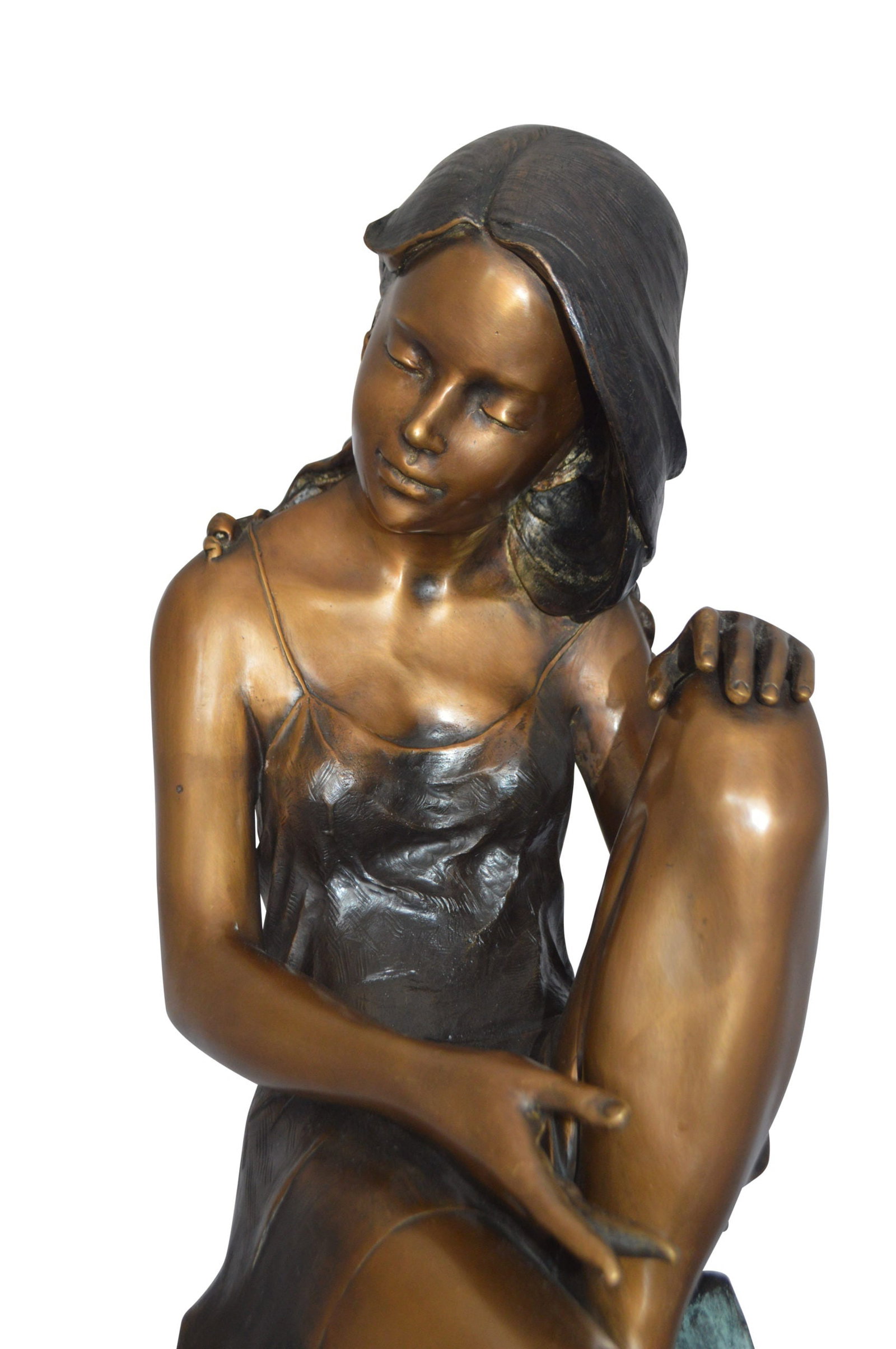 Beautiful Young Girl Sitting on a Tree Bronze Statue - 35"L x 50"W x 55"H. - 2