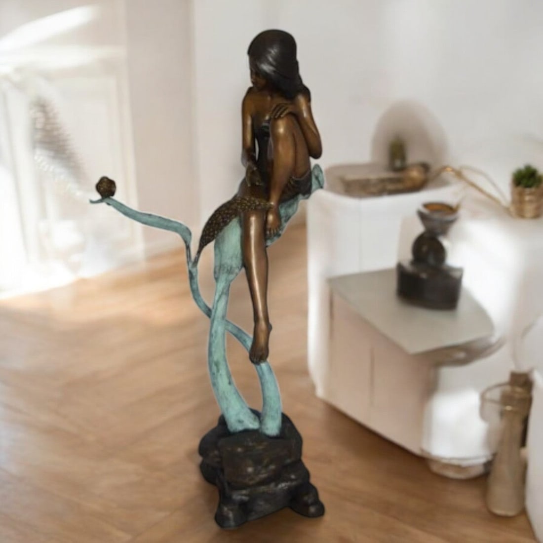 Beautiful Young Girl Sitting on a Tree Bronze Statue - 35"L x 50"W x 55"H. - 3