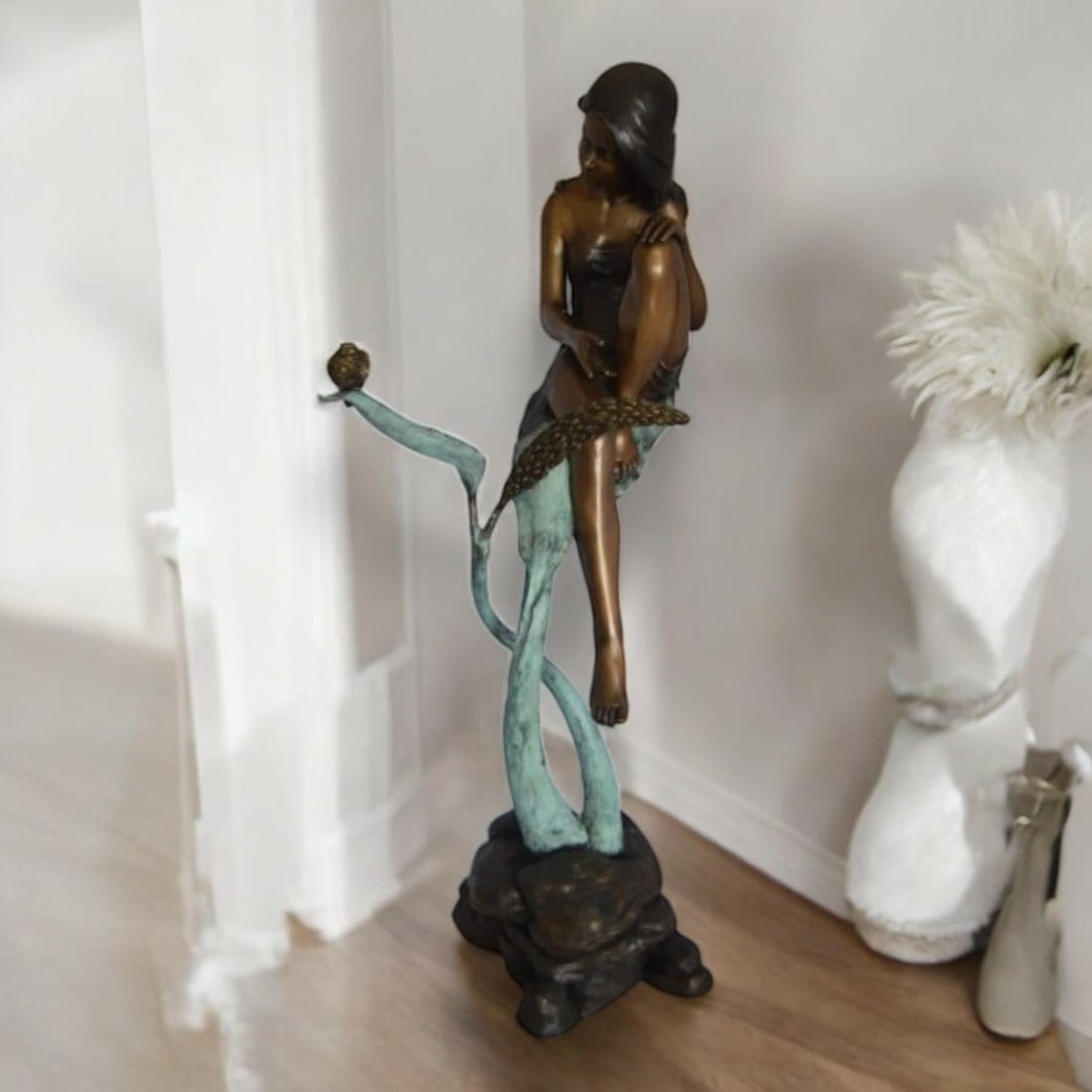 Beautiful Young Girl Sitting on a Tree Bronze Statue - 35"L x 50"W x 55"H. - 4
