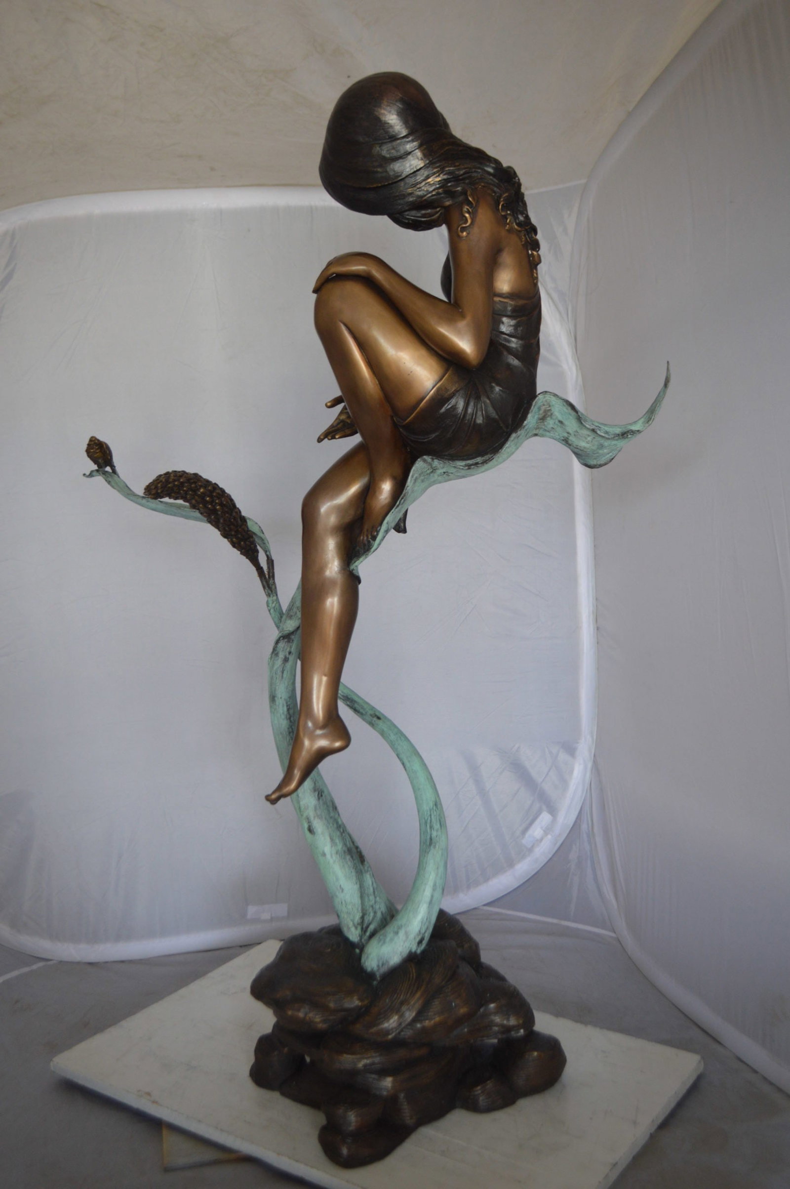 Beautiful Young Girl Sitting on a Tree Bronze Statue - 35"L x 50"W x 55"H. - 7