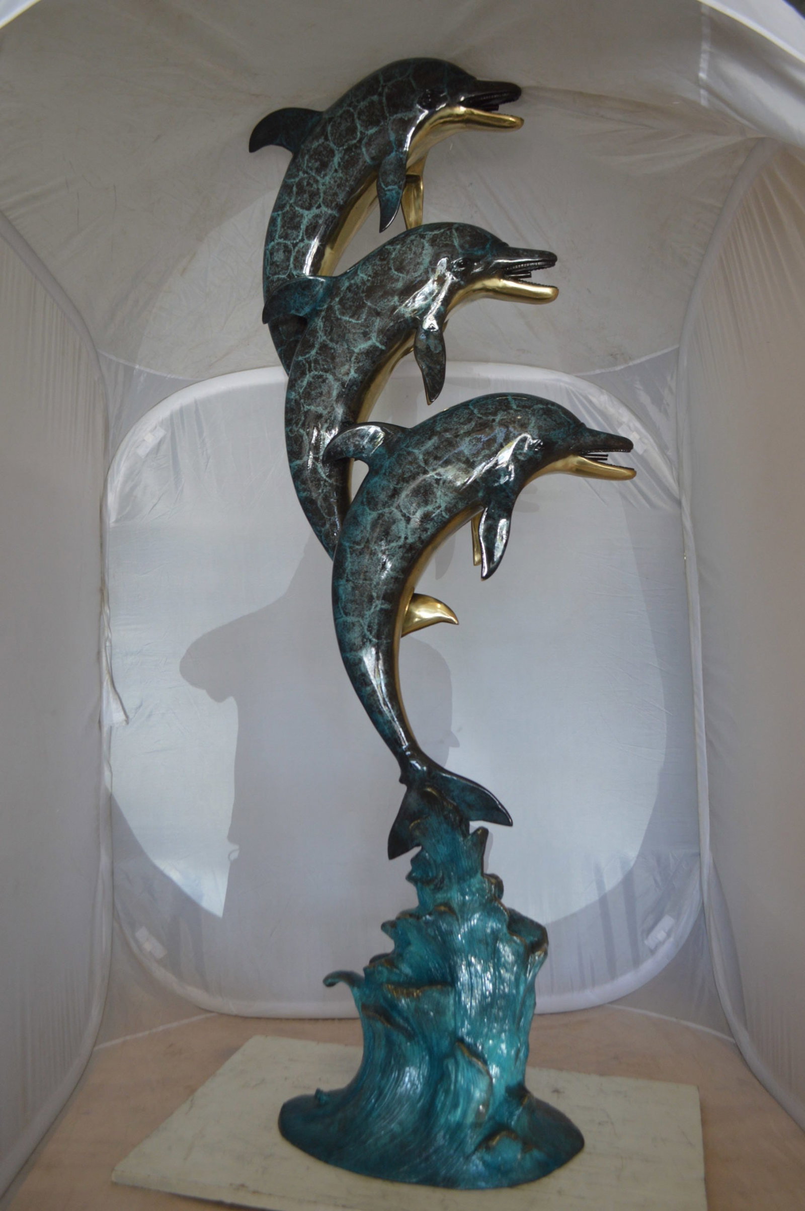 Three Dolphins Overreach Each Other Fountain Bronze Statue - 22"x 15"x 67"H. - 10