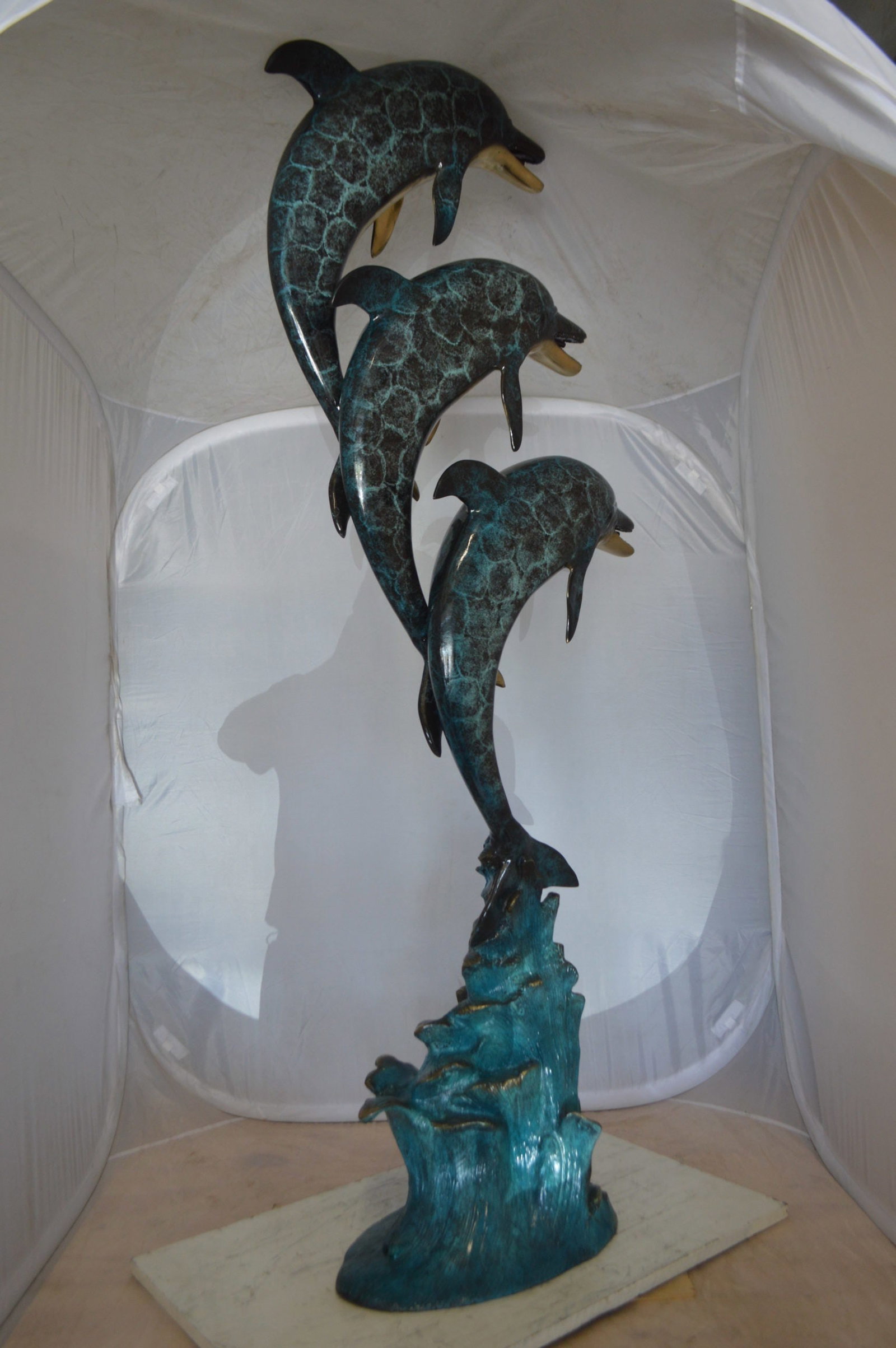 Three Dolphins Overreach Each Other Fountain Bronze Statue - 22"x 15"x 67"H. - 11