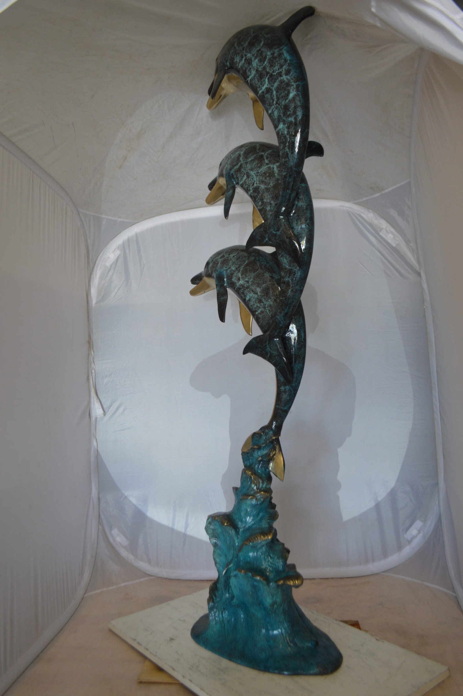 Three Dolphins Overreach Each Other Fountain Bronze Statue - 22"x 15"x 67"H. - 13