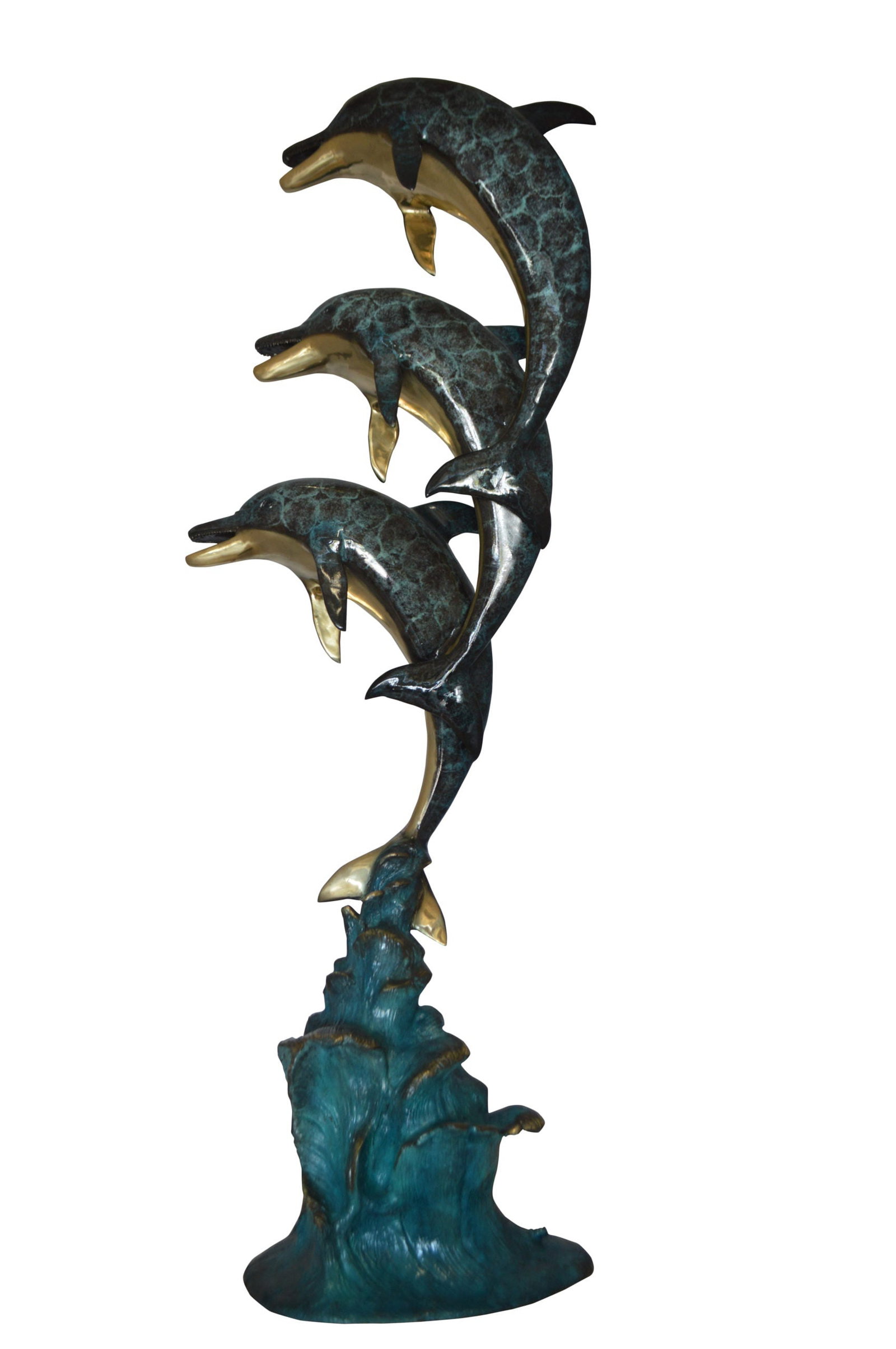 Three Dolphins Overreach Each Other Fountain Bronze Statue - 22"x 15"x 67"H.: Title:Three Dolphins Overreach Each Other Fountain Bronze Statue - 22"x 15"x 67"H. Description:Surprise your garden guests with this large size outdoor Bronze fountain Statue of three Dolphins