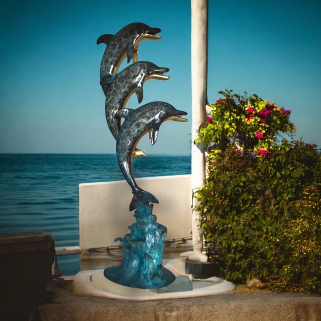 Three Dolphins Overreach Each Other Fountain Bronze Statue - 22"x 15"x 67"H. - 2